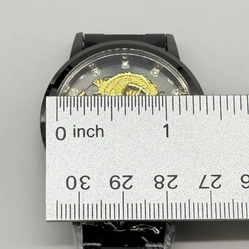 Mens All Black Metal Watch 3D Gold Dragon Sculpted Dial Rhinestone Indices New